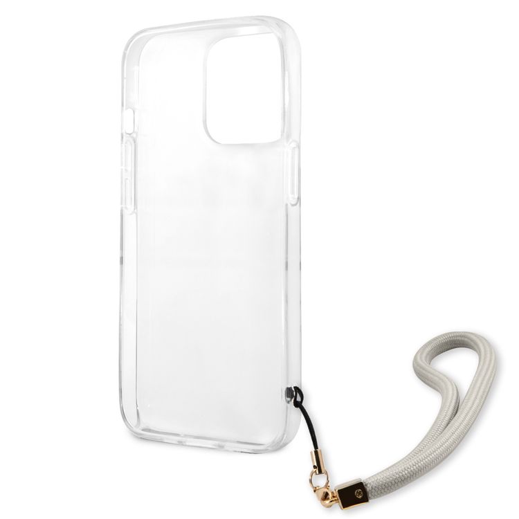 CG MOBILE Guess PC/TPU Case Marble Design & Stripe with Nylon Strap Compatible for iPhone 13 Pro Max (6.7") Back Cover Suitable with Wireless Charging Officially Licensed - Gray