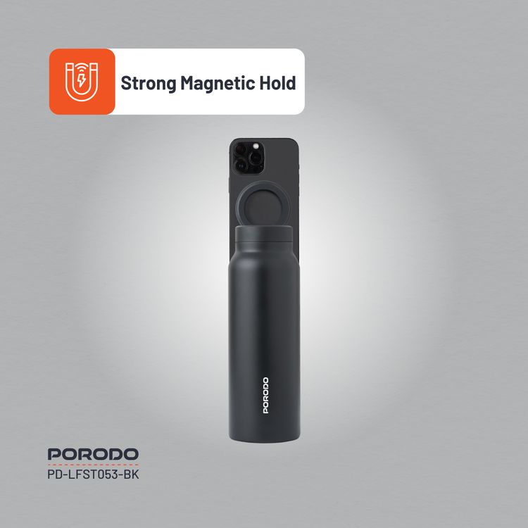 Porodo Magnetic Mount Water Bottle with Strong Magnetic Hold, Stainless Steel Material, Double-Wall Insulation, Versatile and Portable, Strong Magnetic Hold, Works with MagSafe, Wide Round Mouth - Black 