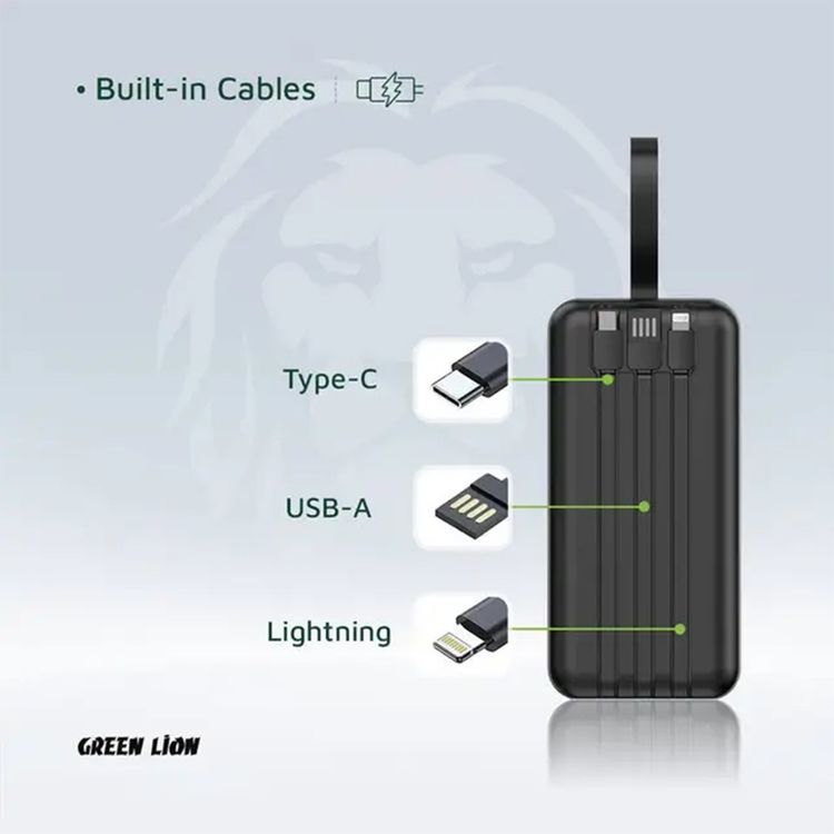 Green Lion Power Tank 50000mAh Power Bank with Built-in Cables, 22.5W Power Delivery, Fast Charging Support, LED Display, Long Battery Life, Portable - Black