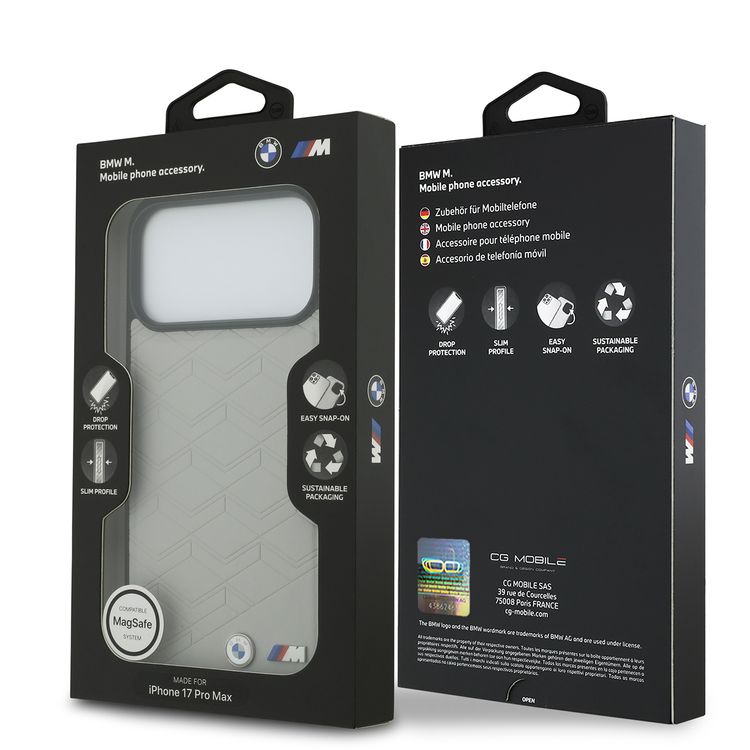 BMW MagSafe PU Seat-Shaped Leather Case with Metal Logos for iPhone 17 Pro Max, Slim Profile, Easy Snap-On Design, Sustainable Packaging, Drop Protection - Gray