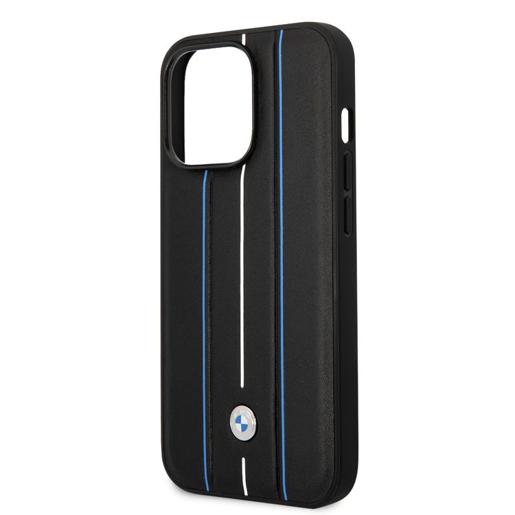 BMW Signature Collection Genuine Leather Case with Hot Stamp Lines, iPhone 14 Pro Compatibility - Black