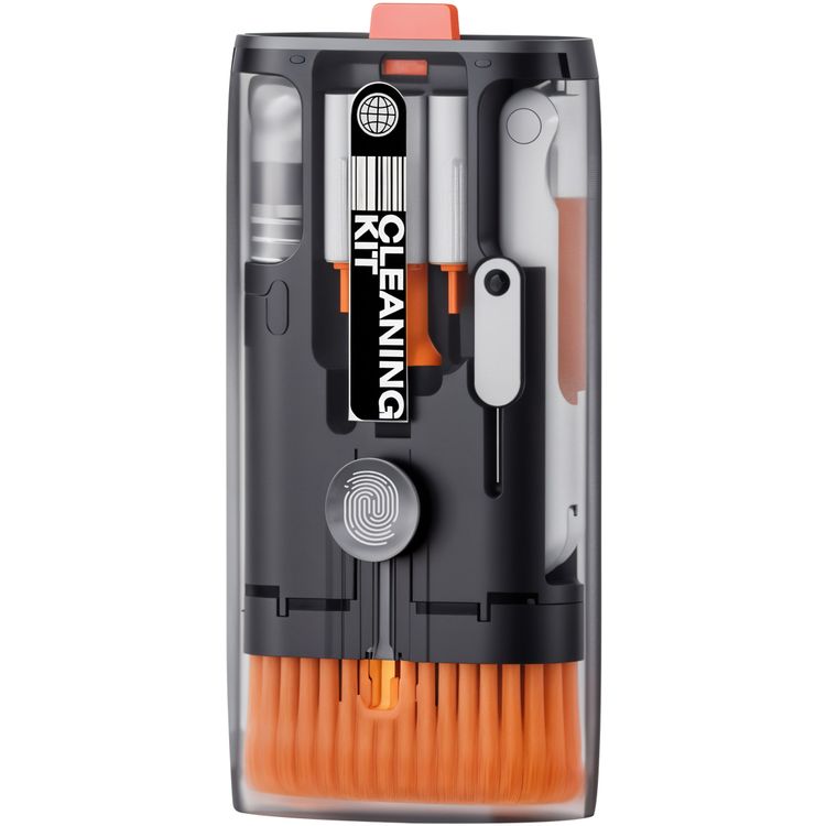 Porodo Lifestyle 11-in-1 Multipurpose Cleaning Kit for Phones & Laptops & Cameras with Key Puller, Keyboard Brush, Mini Brush, Flocking Sponge, Lens & Port Cleaner, ABS Material,  Portable Design - Black