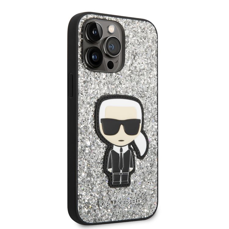 Karl Lagerfeld Glitter Flakes Case with Ikonik Patch Shockproof iPhone 14 Pro Max Compatibility - Silver