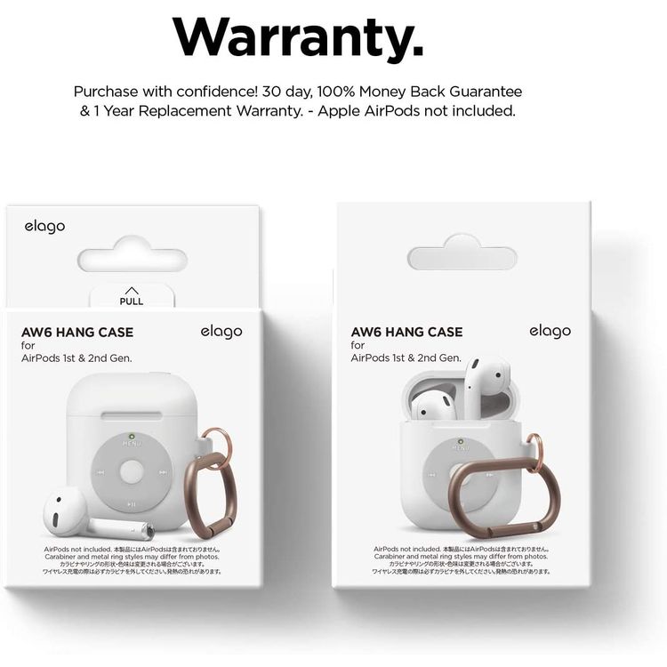 Elago AW6 Hang Case Designed with Anti-Lost Carabiner Compatible for Apple AirPods  1 & 2 Generation, Classic Music Player Design, Supports Wireless Charging, Scratch Resistant