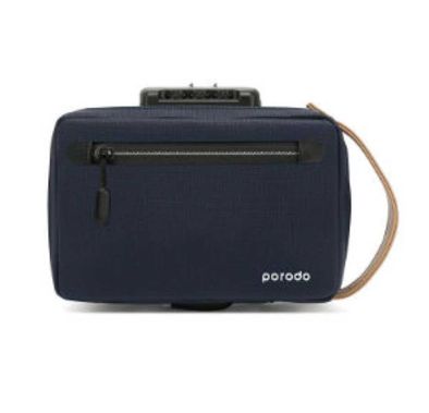 حقيبة التخزين المضادة للسرقة من Porodo Lifestyle المصنوعة من قماش النايلون والجلد بحجم 8.2 بوصة مع حامل محرك فلاش USB، مقاومة لرذاذ الماء بمعيار IPX3، وتدعم الشحن عبر USB-A - باللون الأزرق.