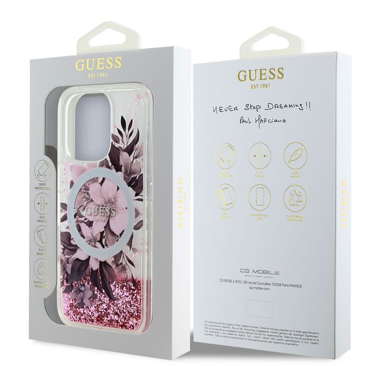 GUESS MagSafe Liquid Glitter Hard Case with Flower Design for iPhone 16 Pro Max, Drop Protection, Accurate Cutouts, Shock-Absorption, Slim Profile - Pink