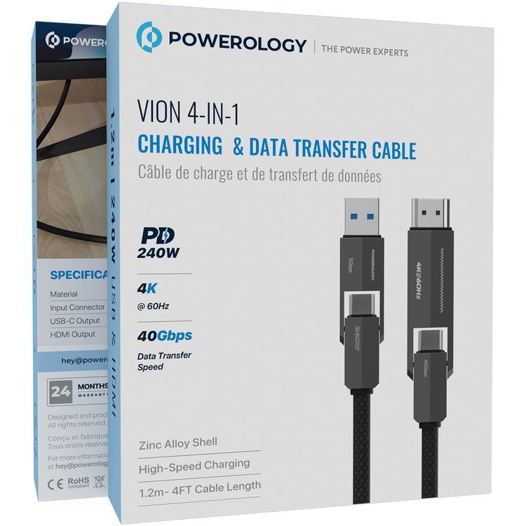 كابل باورولوجي فيون 4 في 1 للشحن ونقل البيانات بسرعات نقل بيانات تصل إلى 40 جيجابت في الثانية، بطول 1.2 متر، خالٍ من التشابك، يتميز بغلاف من سبيكة الزنك، شحن عالي السرعة، موصلات إدخال USB-C وUSB-A - أسود