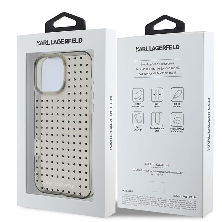 Karl Lagerfeld IML Transparent Hard Case with Allover Studs for iPhone 16 Pro Max, Printed Logo Design - Clear Black 