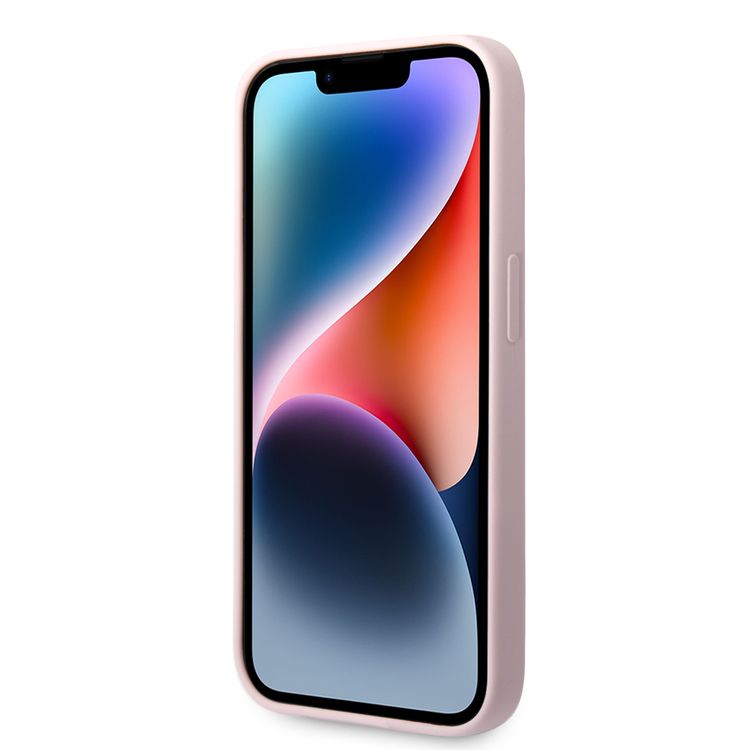 Guess Liquid Silicone Case with Shiny Line & Metal Triangle Tone Logo iPhone 14 Pro Compatibility - Purple