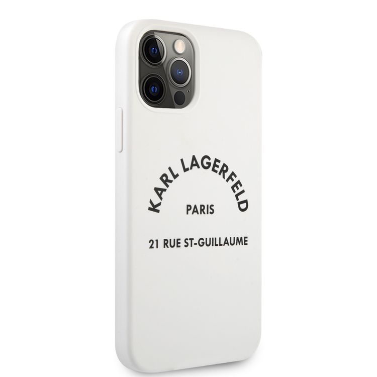 CG Mobile Karl Lagerfeld Silicone Hard Case RSG White Logo Compatible for Apple iPhone 12 / 12 Pro (6.1"), Easy Access to All Ports, Scratch Resistant & Drop Protection Back Cover Suitable with Wireless Charger Officially Licensed - White