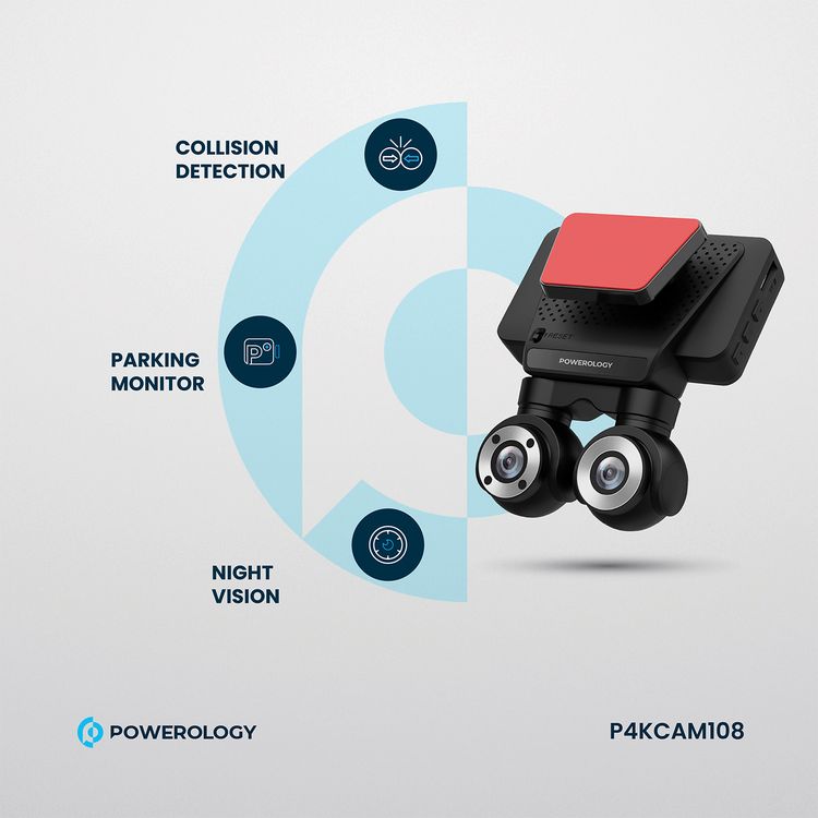 Powerology Dual Lens Dash Camera with Collison Detection, Night Vision, 4K Resolution, Parking Monitor, FHD Inside Recording, 3" Touch Display, 140° Front Camera Angle - Black