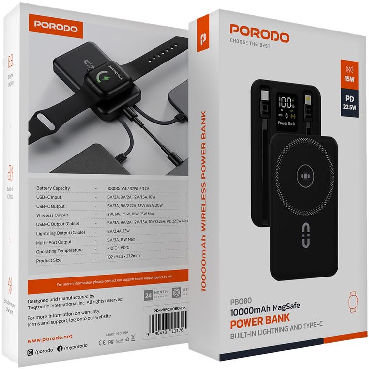 Porodo Magnetic Wireless 10000mAh Power Bank with Built-in USB-C + Lightning Cable Bracket, Simultaneous Charging, Digital Display, PD 22.5W - Black