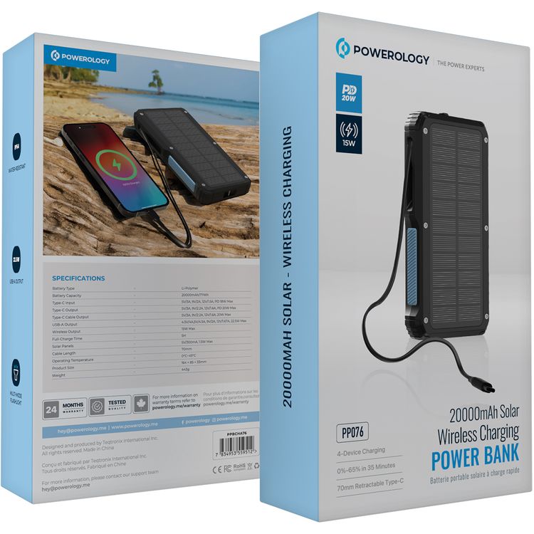 Powerology 20000mAh Solar Wireless Charging Power Bank with Simultaneous Charging, Multi-Mode Flashlight, 0% - 65% Charging in 35 Minutes, 70mm Cable Length - Black