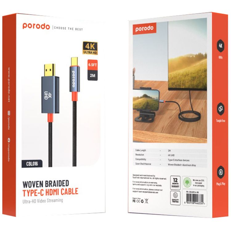 Porodo Aluminum Alloy Woven Cable Type-C to HDMI, 2m Cable Length, Ultra HD 4k Resolution, Plug & Play, Tangle Free - Black