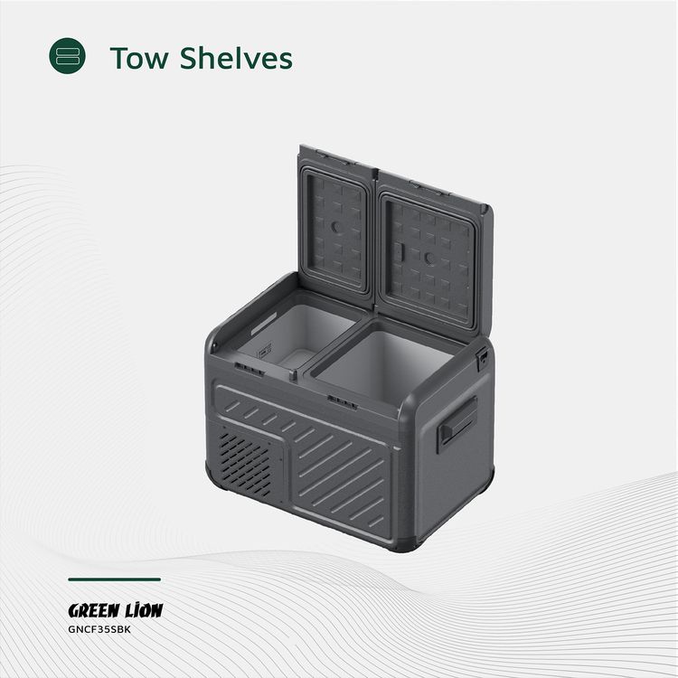 Green Lion GFC-35 Car Fridge with 35L Capacity, Bottle Opener, Touch Control Display & Interior Lights, Dual Power Supply, Child Safety Lock, Two Shelves, Quiet Operation - Black