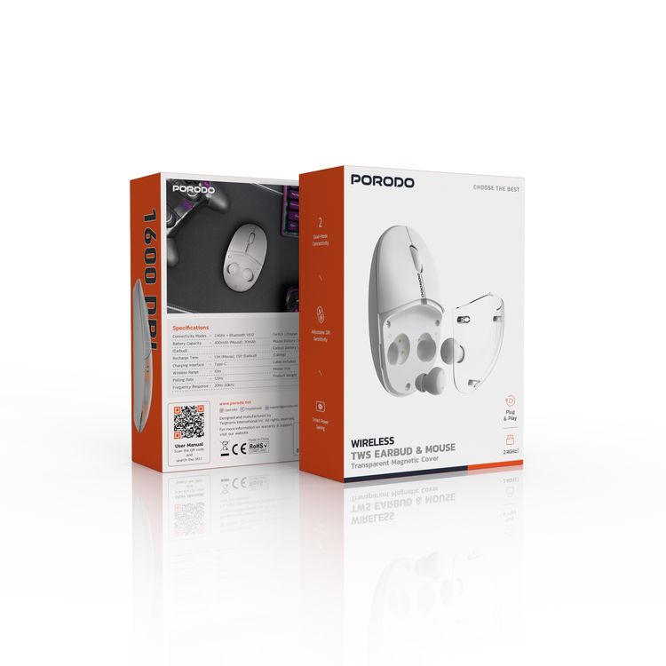 Porodo Wireless TWS Earbuds & Mouse with Transparent Magnetic Cover, Plug & Play, 3 Million Clicks Switch Lifespan, Up to 4 Hours Earbud Battery Life, Up to 30 Hours Mouse Battery Life, 10m Wireless Range - White