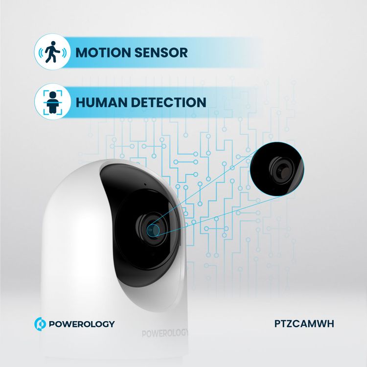 Powerology Indoor PTZ Smart Camera with Human Detection & Motion Sensor, 100° Field of Vision, 3MP Resolution, Pan & Tilt Control, Two-Way Audio - White