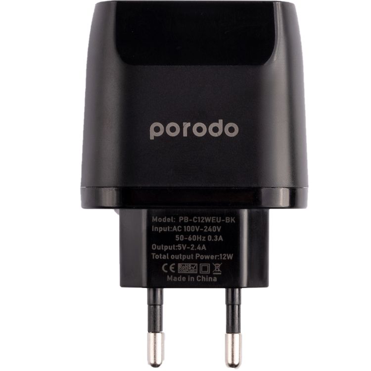 Porodo Blue Dual Port Wall Charger 2.4A with Fireproof Material, EU 2-Pin Plug, Overheat Protection, Overheat Protection, 100-240V Input - Black