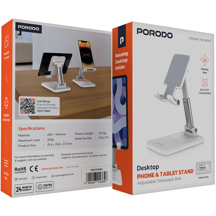 Porodo Desktop Phone & Tablet Stand with Adjustable Telescopic Rod, Up to 12.9-inch Compatibility, 360° Rotating Base, 350g Maximum Load, Anti-Slip Base, ABS & Silicone Materials - White