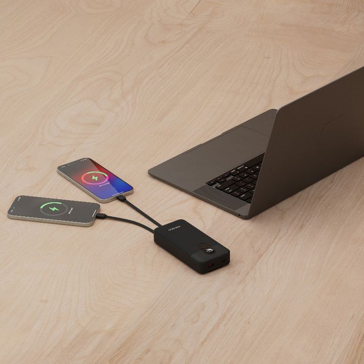 Porodo 20000mAh Power Bank with Built-in Type-C & Lightning Cables, 22.5W Power Delivery, Simultaneous Charging, 0%-60% Charge in 35 Minutes, Digital Display - Black