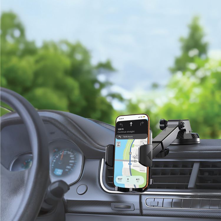 Porodo Blue Cradle Suction Car Phone Holder with Adjustable Arm, Full-Angle Rotation, Strong Adhesive, One-Handed Operation, 360° Rotation Base, ABS + PC Material, 1kg Load Capacity, Lock and Release Function - Black 