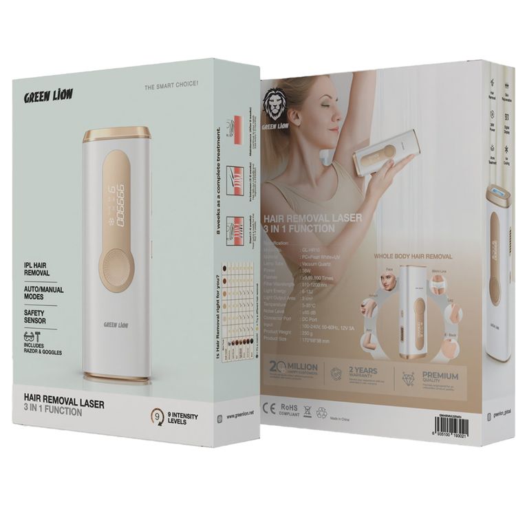Green Lion Hair Removal Laser 3-in-1 Function with Over 999,900 Flashes, Digital Display, Safety Sensor, 5-35°C Temperature, DC Connector Port, 36W Power - White