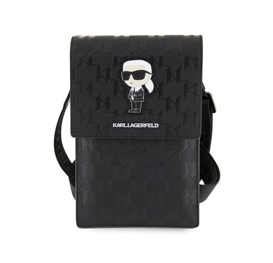 Karl Lagerfeld Saffiano Mono Ikonik Wallet with NFT Logo, Adjustable Shoulder Strap, Multiple Compartments, 3 Card Slots, Water Resistant - Black