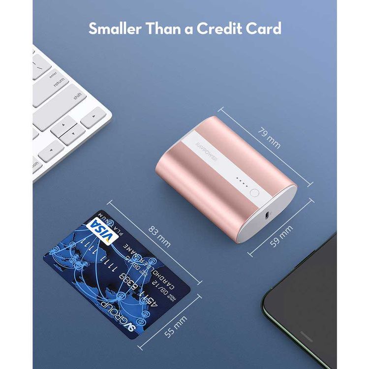 RAVPower 2-Port PD Pioneer Mini Power Bank 10000mAh 18W with Overcharging Protection - QC Fast Charging Portable Charger Powerbank - Compact Size Design - Metallic Pink