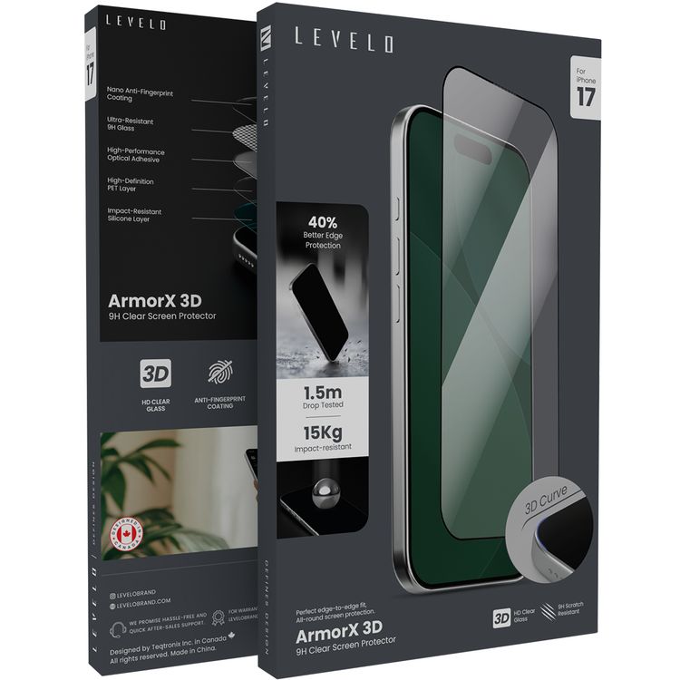 Levelo ArmorX 3D Clear Screen Protector with 9H Hardness for iPhone 17, Oleophobic Coating, Anti-Scratch, Anti-Fingerprint, High-Definition PET Layer, High-Performance Optical Adhesive, Impact-Resistant Silicone Layer, Drop-Tested - Clear