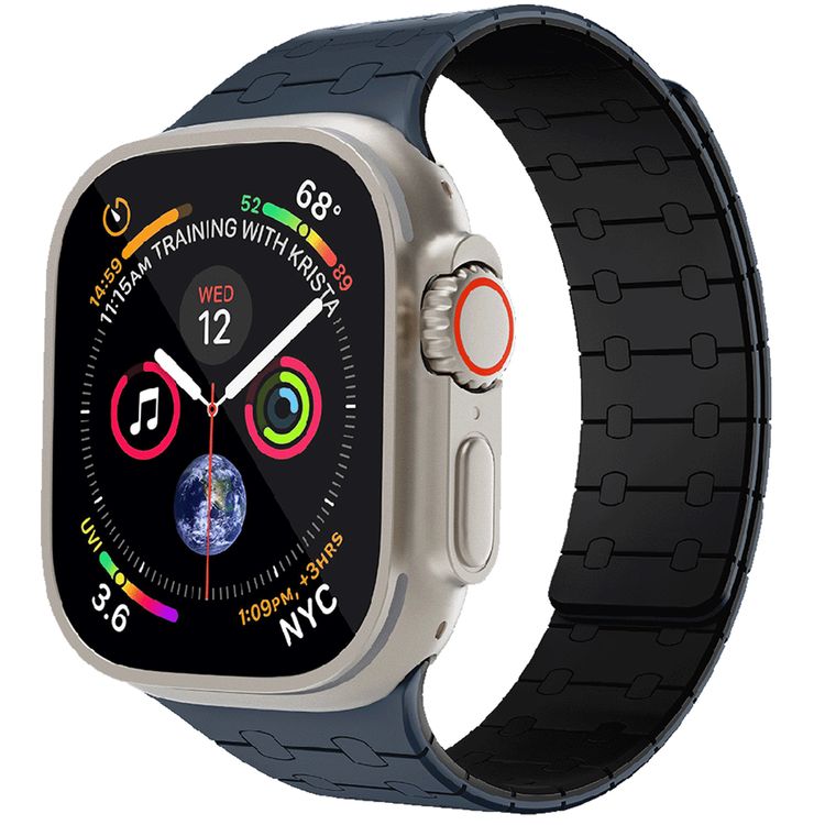 حزام ساعة سيليكون Levelo Royallink ثنائي اللون لساعة Apple Watch بحجم 49/46 مم، مصنوع من مواد مضادة للحساسية، يحتوي على 32 مغناطيس مدمج، مقاوم للماء والعرق، يتميز بقوة التثبيت المغناطيسي، سهل التركيب - أزرق / أسود.