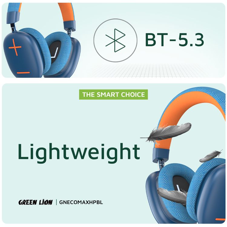 Green Lion Echo Max Wireless Headphones, Comfortable To Wear, Built-in Microphone, Lightweight, 40mm Magnet Size, 10m Maximum Range, 48 Hours Play Time - Blue