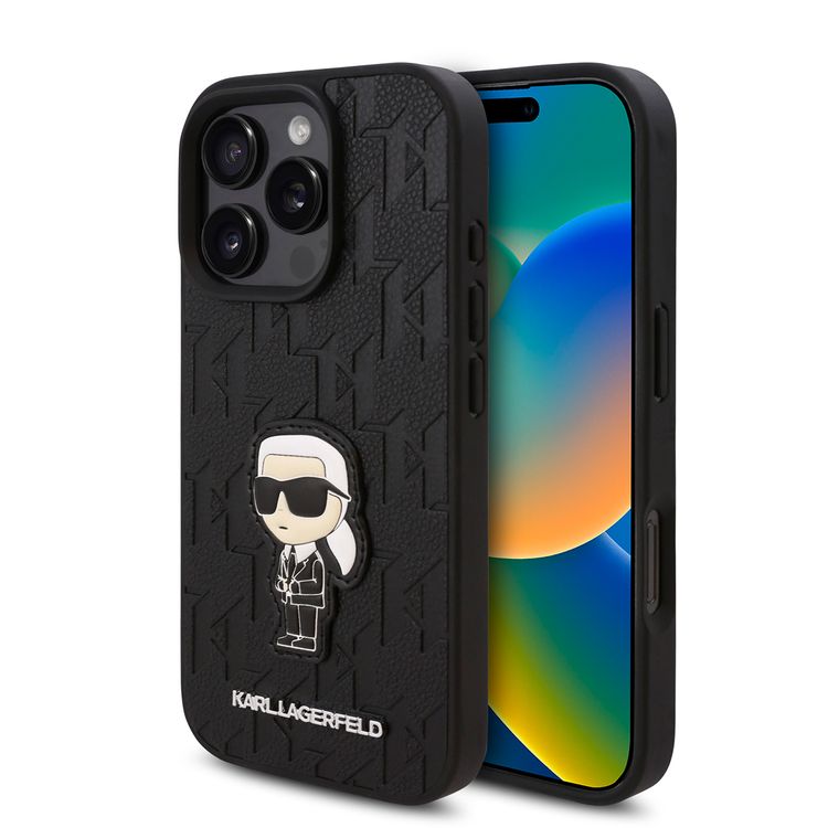 Karl Lagerfeld PU Hard Case for iPhone 16 Pro Max with Monogram Karl Patch, Drop Protection, Lightweight, Slim Profile, Comfortable Grip, Sustainable Packaging - Black