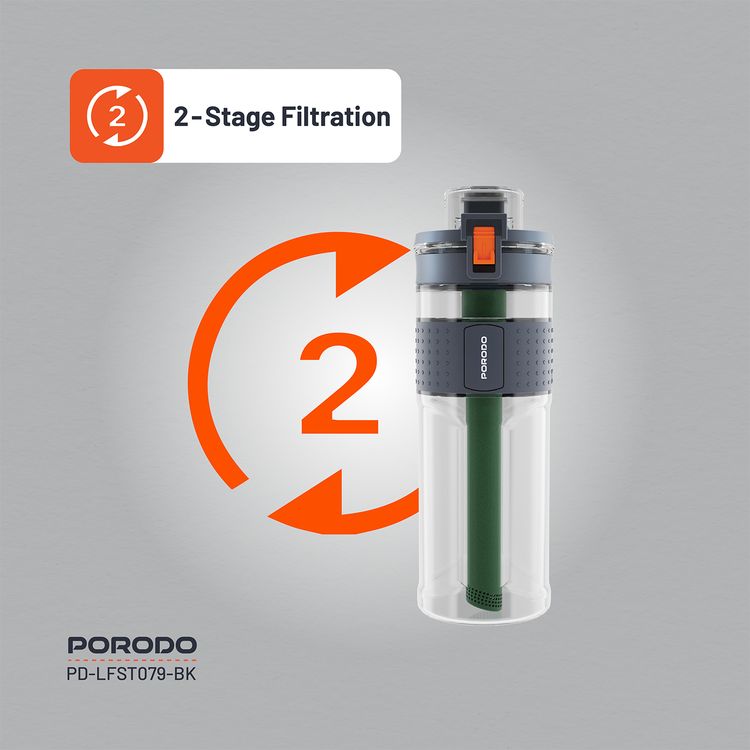 Porodo Lifestyle 2-Stage Filtration Water Bottle with 500mL Capacity, Up to 500 Liters Filter Life Span, No Aftertaste, Filters Contaminants, Polypropylene Bottle Material - Black
