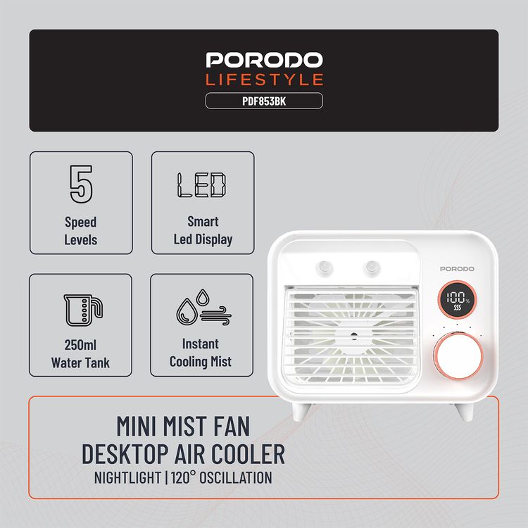 Porodo Mini Mist Fan Desktop Air Cooler with LED Display & Knob Control, 250mL Tank Capacity, 2000mAh Battery, 7.4W Rated Power, Up to 7 Hours Working Time, USB-C Charging Port, 5 Speed levels, Instant Cooling Mist - White