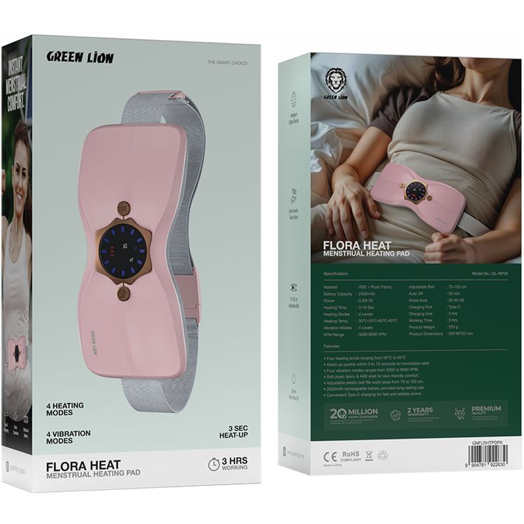 وسادة تدفئة حيض من جرين ليون فلورا مع 4 أوضاع تدفئة، 4 أوضاع اهتزاز، مصنوعة من مادة ABS وقماش قطيفة، بسعة بطارية 2500mAh، حزام قابل للتعديل من 70-120 سم، منفذ شحن نوع-C، وقت شحن 3 ساعات، وقت عمل 3 ساعات، شاشة عرض رقمية ذكية - لون وردي.