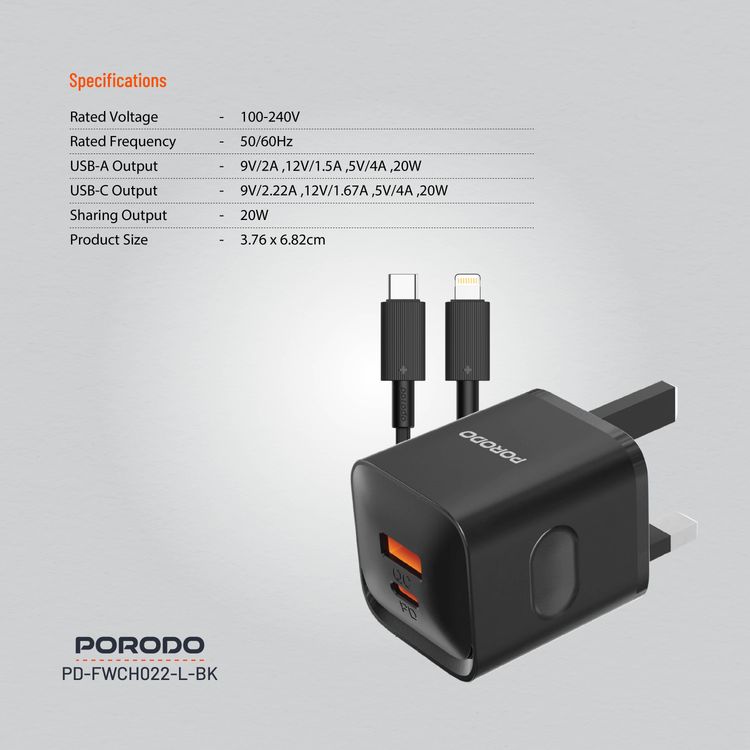Porodo PD+QC 20W Wall Charger with Type-C to Lightning Cable, Dual Port, 1.2m Cable Length, UK Plug, Simultaneous Charging, Over-Heat Protection - Black 
