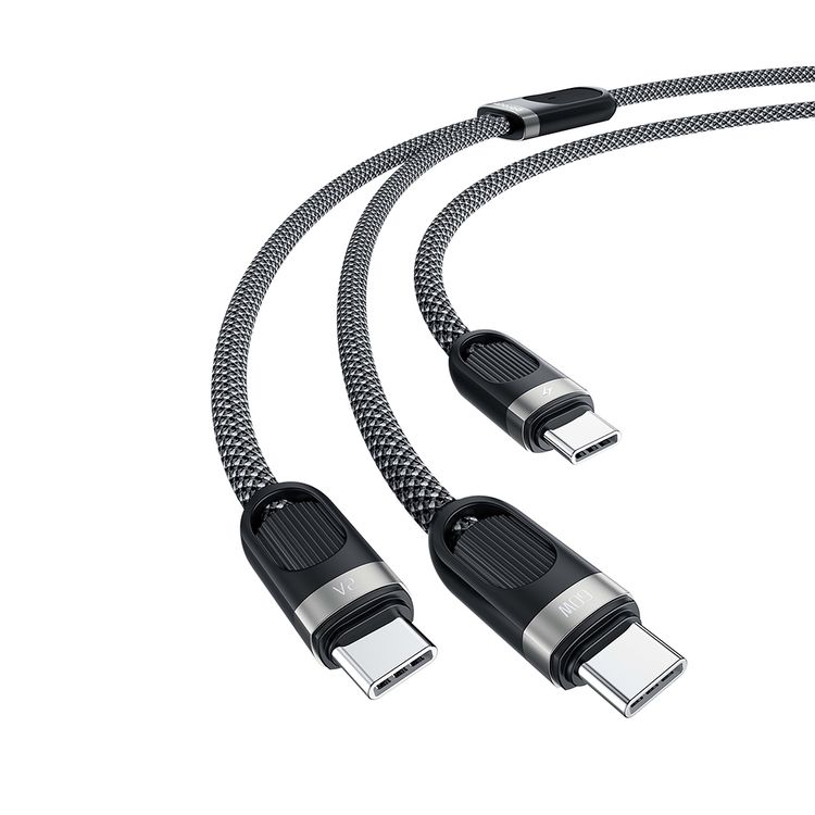 كابل شحن سريع من نوع Porodo Dual Type-C مع واجهة إدخال Type-C، شحن متزامن، توافق عالمي، مخرج USB-C1 بقدرة 60 واط، مادة خارجية مضفرة - أسود