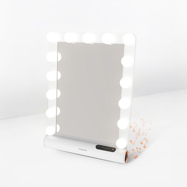 Porodo Hollywood Vanity Lighted Mirror with Built-in Bluetooth Speaker, 15 LED Bulbs, Auto-Off Function, ABS & Glass Material, Smart Touch Control, Brightness Memory Function - White / Rose Gold