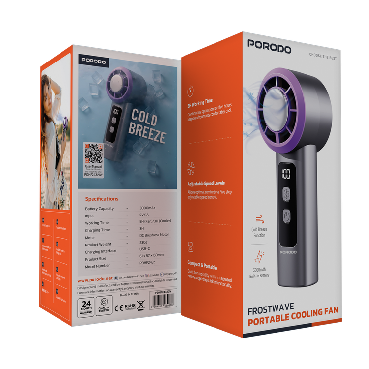 Porodo Frostwave Portable Cooling Fan with 5 Adjustable Speed Levels, 3000mAh Battery Capacity, 5 Hours Fan Working Time, 3 Hours Cooler Working Time, DC Brushless Motor, USB-C Charging Interface, Cold Breeze Function, Compact & Portable - Gray