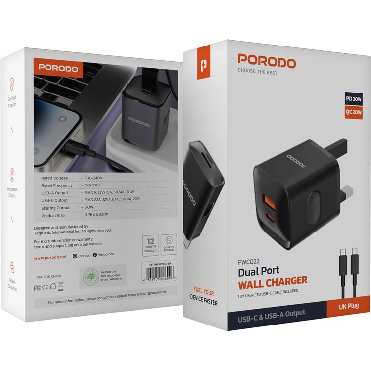 شاحن حائط ثنائي المنفذ من Porodo في المملكة المتحدة مع كابل USB-C إلى USB-C، PD 20 وات، QC 20 وات، حماية من الحرارة الزائدة، طول الكابل 1.2