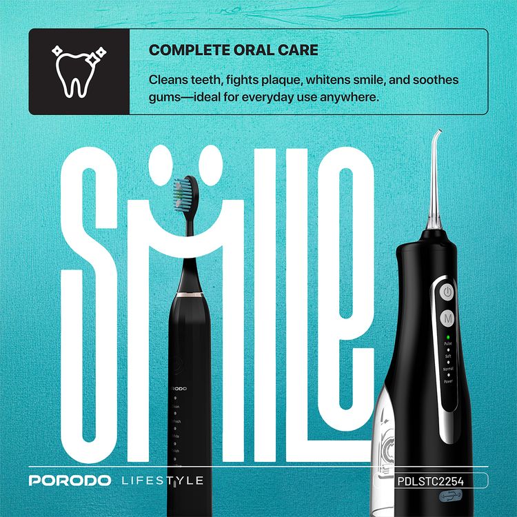 Porodo Ultimate Oral Care Duo Electric Toothbrush with Water Flosser Combo, 1200mAh Electric Toothbrush Battery Capacity, 2 Hours Electric Toothbrush Charging Time, 2 Months Electric Toothbrush Working Time, 300mL Water Flosser Water Tank Capacity, High-Pressure Water Flosser - Black