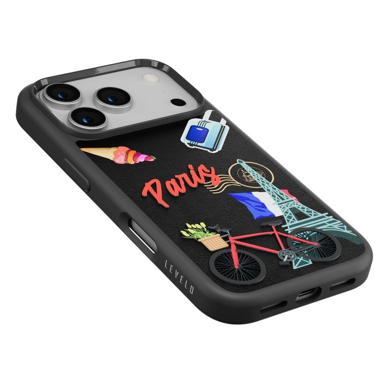 Levelo Vallo PU Leather Case for iPhone 17 Pro Max with Embroidery Paris Finish, Comfortable Hold, Durable PU Leather, Raised Bezels for Camera and Screen, True Microfiber Interior Lining, Scratch & Wear Resistant, Shock-Resistant Bumper - Midnight Black