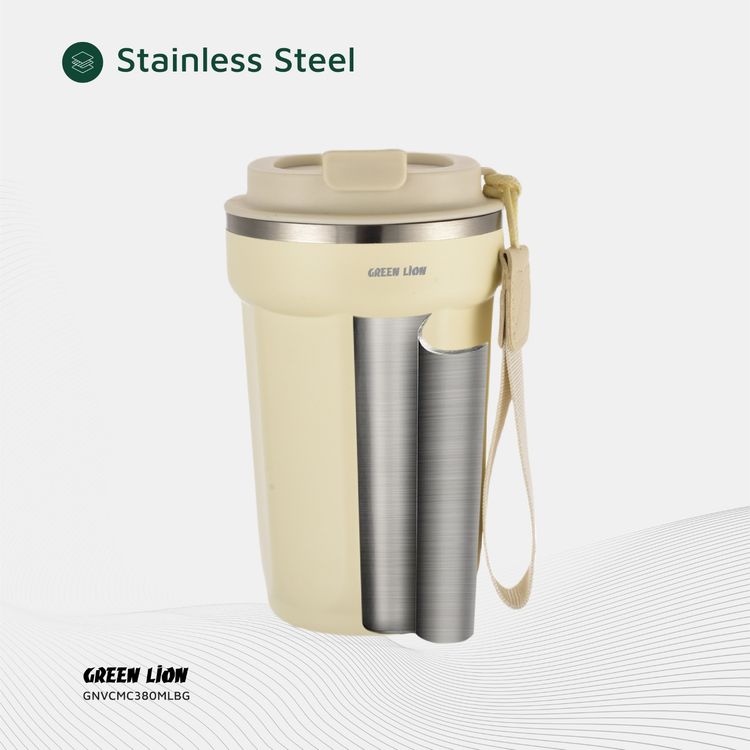كوب تفريغ جرين ليون، سعة 380 مل، مصنوع من الفولاذ المقاوم للصدأ، عازل حراري بجدار مزدوج، تصميم فاخر - بيج