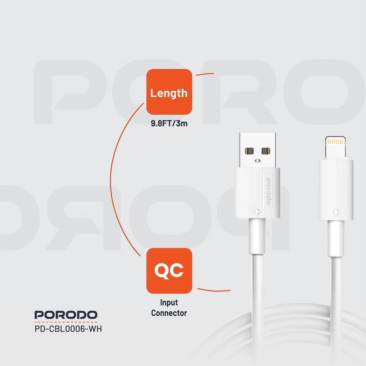 Porodo USB A to Lightning PVC Cable 3m, 480Mbps, 2.4A, more than 15000 Bends Life Span, Tangle Free - White