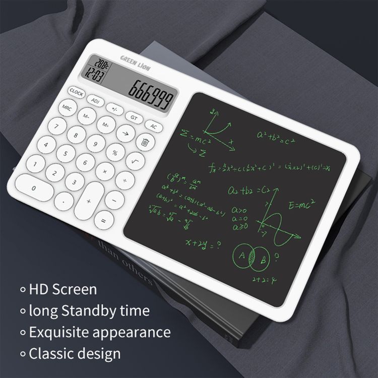 Green Lion CalcWrite Pro Calculator Writing Pad Combo with Ultra-Bright Screen, Long Standby Time, Highly Sensitive, CR2032/3V Coin Battery Powered - White