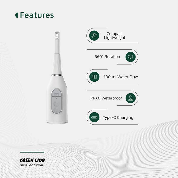 بيديه محمول جرين لايون سبلاش جو، مناسب للسفر، دوران 360°، مدمج وخفيف الوزن، وضعيتان للرش - أبيض