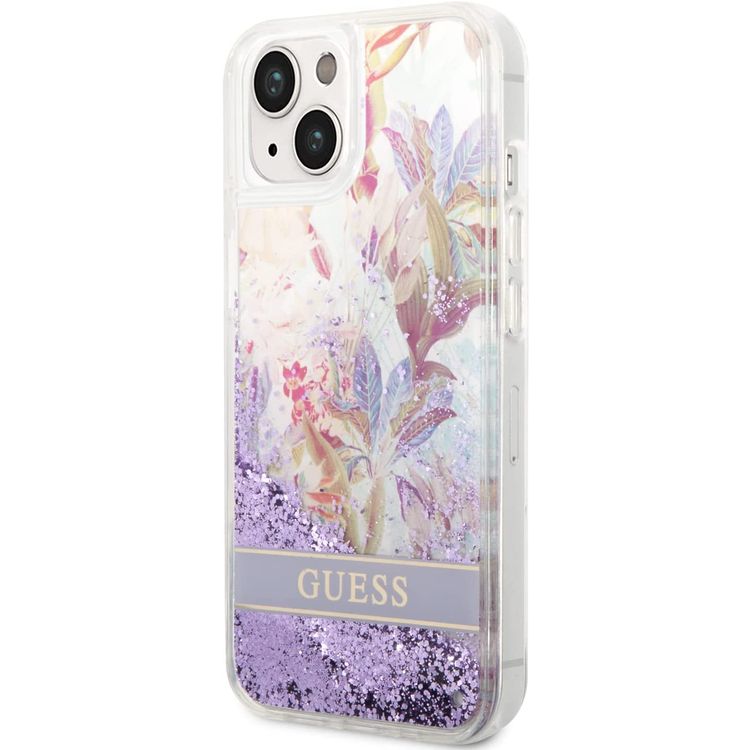 Guess Liquid Glitter Case with Flower Pattern Extra Shine Smooth Touch Feel iPhone 14 Plus Compatibility - Purple