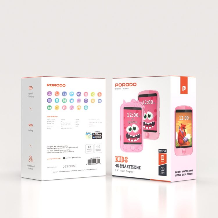Porodo Kids 4G Smart Phone, 700mAh Battery Capacity, 24 Hours Normal Usage, 48 Hours Standby Time, SOS Calling, 2.8" Screen Size - Pink