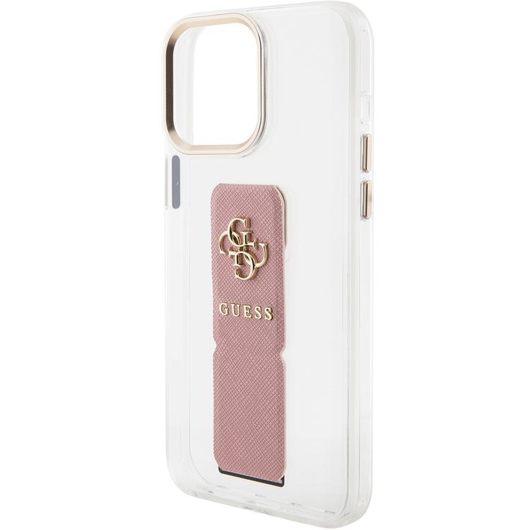 Guess Gripstand Clear Case with Saffiano Grip Leather & 4G Logo for iPhone 15 Pro Max -Black - القرنفل