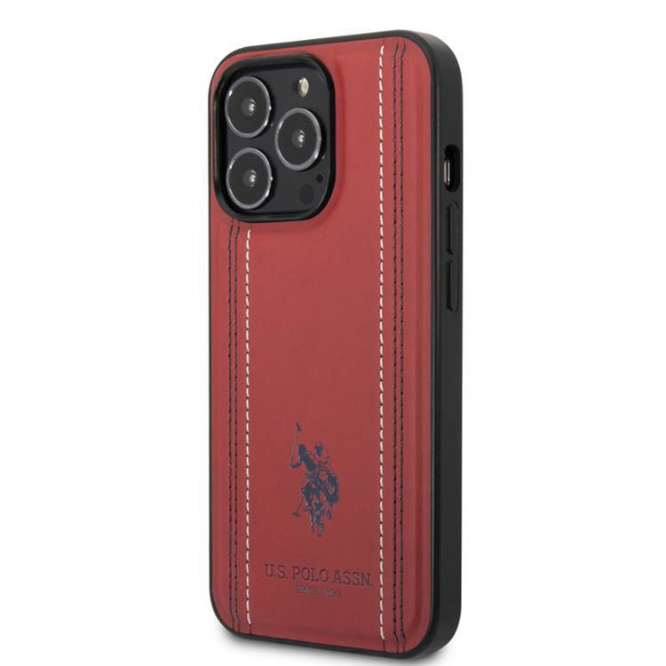 USPA PU Leather Case with Stitched Lines Double Line & Horse Logo iPhone 14 Pro Max Compatibility - Red